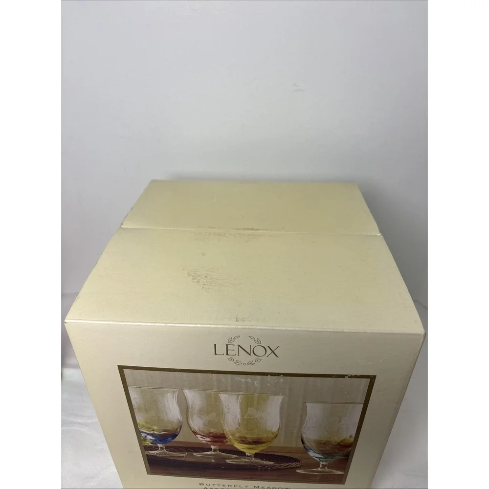 New Set Of 4 Lenox Butterfly Meadow Etched Drinking 18 oz Glasses Multi Colors